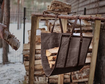 Christmas mens gift, personalized log bag, Leather log carrier, log holder carrier, Firewood carrier, log bag leather