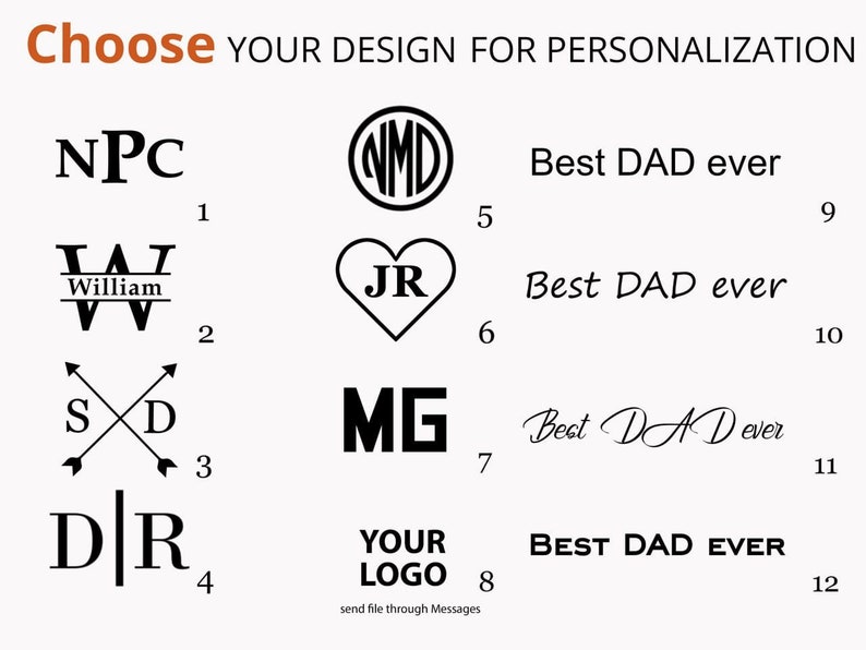 Op de afbeelding: Twaalf verschillende ontwerpmogelijkheden voor personalisatie. De ontwerpen omvatten initialen, namen en tekst. De tekst omvat "Best DAD ever" in verschillende stijlen.