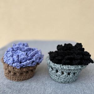 May include: Two handmade crochet succulent plant decorations. One features a brown pot with a lavender succulent, and the other has a gray pot with a black succulent. Both are on a gray surface.