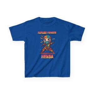May include: A royal blue short-sleeve t-shirt featuring a graphic of a cartoon ninja character with a colorful number-patterned suit and an orange belt. The text above and below the character reads FUTURE NUMBER NINJA in a gradient font.
