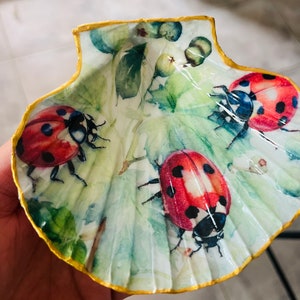 May include: A white seashell with a gold rim, decorated with a watercolor design of green leaves and three red ladybugs with black spots.