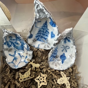 Weihnachtsdekorationsbox mit blauen Austernschalen