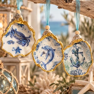 1 Lampada a sospensione decorativa a forma di conchiglia d'ostrica – 9 motivi marini tra cui scegliere – Decorazione a tema marino – Conchiglia con bordo dorato – Pezzo unico
