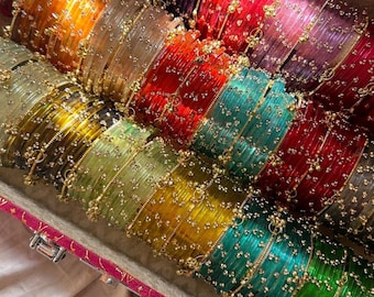 Multicolor Glass Bangles with Pearl Kadas, Bridal Chura Set, Kashmiri Ghunguroo Bangles (Gift Box)