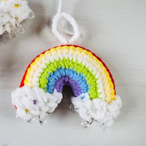 Handmade Crochet Rainbow Ornament – Colorful Rainbow Hanging Decoration with Clouds & Beads – Nursery Decor, Gift for Kids, Car Rearview Cha