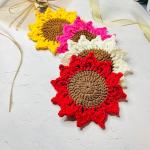 Handmade Crochet Sunflower Coaster Set: Knitted Table Decor