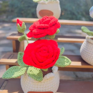 Puede incluir: Una rosa roja hecha a mano con ganchillo en una maceta blanca de ganchillo con hojas verdes. La maceta tiene una etiqueta de cuero marrón que dice "Handmade". La rosa está en plena floración, con un capullo al lado. Otras flores de ganchillo están en el fondo.