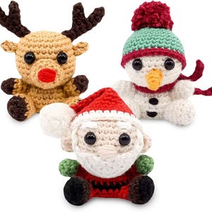 DIY Crochet Christmas Amigurumi Kit - Santa, Reindeer, and Snowman - Beginner-Friendly Yarn Craft Kit with Instructions and Video Tutorials