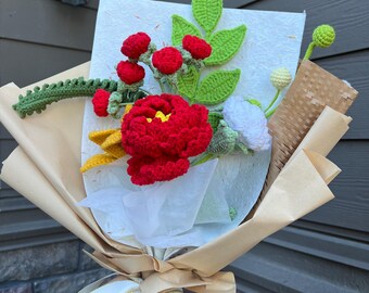 Romantisches gehäkeltes Blumenstrauß-Geschenk zum Jahrestag oder zum Valentinstag — Handgefertigte Blumen für immer, ein Symbol der Liebe, die für immer hält