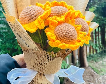 Mother's DayCrochet Sunflower Bouquet Birthday Gift, Handmade Birth Flower Gift for Mom, Graduation, teacher, girlfriend, wife, grandma