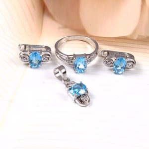 Natural Hight- Quality Swise Blue Topaz  Jewelry Set, 6X8 MM Gemstone Jewelry Set, 925 Sterling Silver Jewelry, December Birthstone,