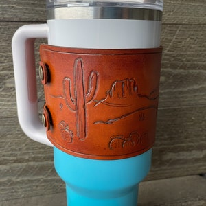 Stanley Tumbler Arizona Desert Decorative Leather Wrap | Hand Tooled Leather Wrap for 40oz Stanley