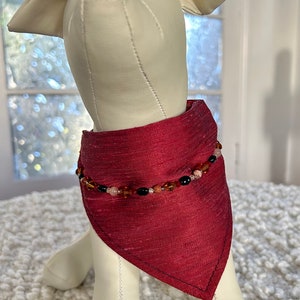 hand made over the collar dog bandana with gem stone necklace luxury fabric - handsewn durable high end pet fashion accessory - slide on