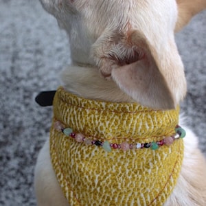 handmade over the collar dog bandana with gem stone necklace luxury fabric - handsewn durable high end pet fashion accessory - no tie