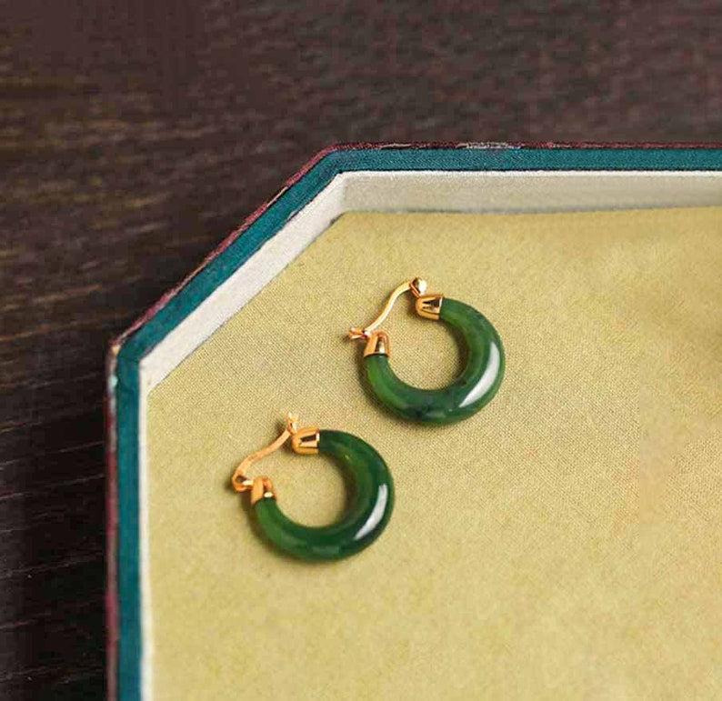 Natural Jade Hoop Earrings, Crescent Moon Jade Hoop Earrings, Gemstone Statement Earrings For Women, Hetian Jade Hoop Earrings image 5