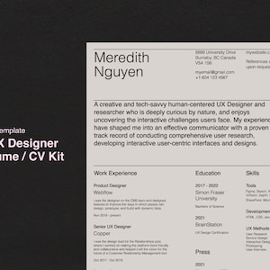 UX/UI Resume Figma Template, Modern Résumé, Design Resume, Creative CV, Aesthetic Resume, Professional Resume, Typography