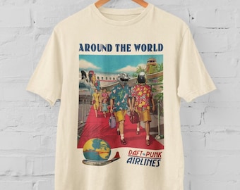 Around The World Airlines Electronic Dance Duo Vintage Advertising Style T-Shirt in Beige, Whit