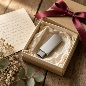 May include: A silver-toned USB flash drive rests inside a square cardboard gift box lined with crinkled cream-colored paper. The box lid is decorated with a deep burgundy satin ribbon tied in a bow, placed beside a handwritten note.