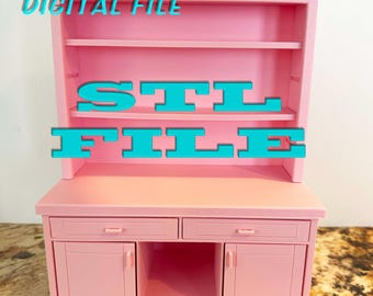 May include: A pink miniature hutch with two drawers and two doors. The hutch has three shelves and the text "DIGITAL FILE STL FILE" is superimposed on the image.