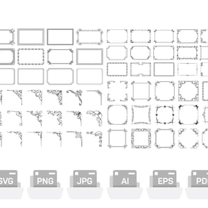 May include: A selection of black and white decorative frames and corner designs. The image features various rectangular frames and corner elements, plus file type icons for SVG, PNG, JPG, AI, EPS, and PDF formats.