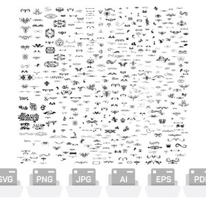 May include: A large collection of black and white decorative design elements, including swirls, flourishes, borders, and frames. The elements are arranged in a grid pattern on a white background.