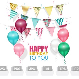 Puede incluir: Una pancarta de cumpleaños colorida con una variedad de patrones cuelga de una cuerda blanca. La pancarta está decorada con confeti y globos de color rosa, rojo, azul, verde y blanco. El texto "HAPPY BIRTHDAY TO YOU" está escrito en letras amarillas y azules.