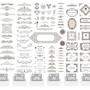 Puede incluir: Un conjunto de 60 elementos de diseño vintage, que incluyen marcos, bordes, divisores y florituras. Los elementos son en blanco y negro y tienen un estilo clásico y elegante. El conjunto incluye los formatos de archivo SVG, PNG, JPG, AI, EPS y PDF.