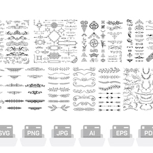 May include: A large collection of black and white vector graphic design elements, including swirls, flourishes, borders, frames, arrows, and wreaths. The elements are arranged in rows and columns on a white background. The image includes the text "SVG, PNG, JPG, AI, EPS, PDF".