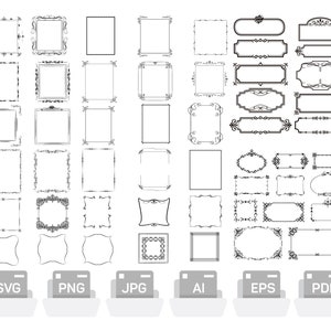 Op de afbeelding: Een set van 48 zwarte en witte decoratieve frames. De frames zijn in verschillende stijlen, waaronder vierkant, rechthoekig, ovaal en rond. De frames zijn perfect om een ​​toets van elegantie aan elk project toe te voegen.