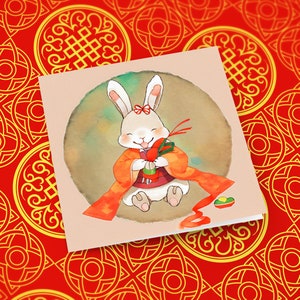 Happy Rabbit (sur rose) - Nouvel An chinois - Année du Lapin - Carte de vœux