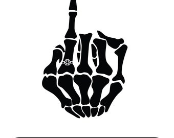 May include: Black and white silhouette of a skeleton hand giving the middle finger. The middle finger has a ring on it.