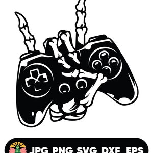 Puede incluir: Una ilustración en blanco y negro de una mano esquelética sosteniendo un mando de videojuego. La mano está haciendo el gesto de rock and roll.