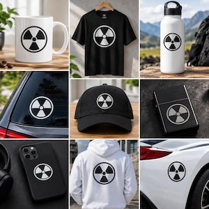 May include: A collection of items featuring a black and white radiation symbol, including a white ceramic mug, a black t-shirt, a white water bottle, a car window decal, a black baseball cap, a metal lighter, a phone case, and a white hoodie.