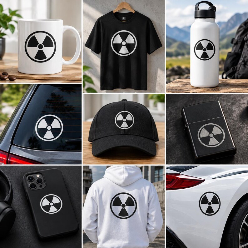 May include: A collection of items featuring a black and white radiation symbol, including a white ceramic mug, a black t-shirt, a white water bottle, a car window decal, a black baseball cap, a metal lighter, a phone case, and a white hoodie.