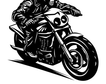 May include: Black and white illustration of a skeleton riding a motorcycle. The motorcycle has a large front wheel and a single headlight.