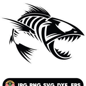 Peut inclure: Silhouette noire et blanche d'un squelette de poisson avec des dents acérées. Le poisson est tourné vers la droite et a un design stylisé.