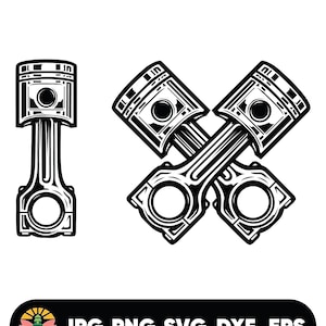 Puede incluir: Gráfico en blanco y negro de dos pistones cruzados y un solo pistón. La imagen incluye el texto "JPG PNG SVG DXF EPS" en blanco sobre un fondo negro, con un logotipo a la izquierda.