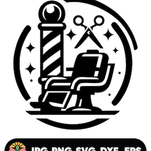 May include: Black and white barber shop logo featuring a barber pole, barber chair, and scissors. The design is enclosed in a circular frame with star accents. The bottom of the image includes the text "JPG PNG SVG DXF EPS".