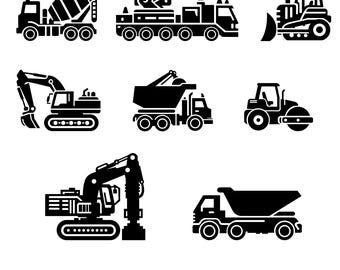Clipart SVG di veicoli da costruzione: camion, escavatore, autocarro con cassone ribaltabile (file digitale)