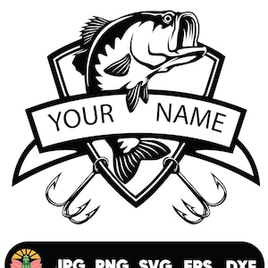 May include: Black and white illustration of a bass fish jumping out of the water with a fishing hook in its mouth. The fish is inside a shield shape with a banner that says "YOUR NAME".