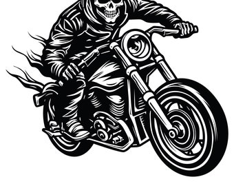 May include: Black and white illustration of a skull riding a motorcycle. The skull is wearing a leather jacket and has a determined expression. The motorcycle has a large front wheel and a smaller rear wheel.