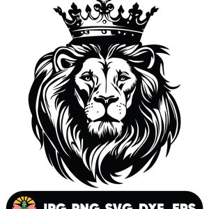 May include: Black and white illustration of a lion's head wearing a gold crown. The lion has a serious expression and a thick mane.