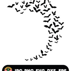 May include: A black and white silhouette of bats flying in a circular pattern. The bats are arranged in a crescent shape, with the points of the crescent facing towards the top of the image.