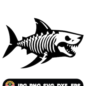 May include: A black and white illustration of a shark skeleton. The shark is shown in profile, with visible ribs, spine, and a detailed skull. The image includes the text "JPG PNG SVG DXF EPS" in a black rectangle.