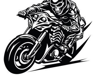 May include: Black and white illustration of a skeleton riding a motorcycle. The skeleton is wearing a helmet and leather jacket. The motorcycle has a large front wheel and a small back wheel.