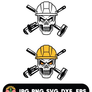 May include: A black and white illustration of a skull wearing a construction helmet with crossed wrenches and a hammer behind it. Below is a similar illustration in color with a yellow helmet.