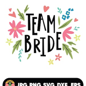 Può includere: Un design grafico in bianco e nero con il testo "Team Bride" circondato da fiori e foglie rosa, gialli, blu e verdi.