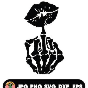May include: Black and white silhouette of a skeleton hand with a finger raised to the lips, forming a shushing gesture. A black silhouette of a pair of lips is above the hand.