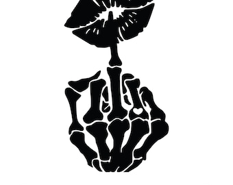 May include: Black and white silhouette of a skeleton hand with a finger raised to the lips, forming a shushing gesture. A black silhouette of a pair of lips is above the hand.
