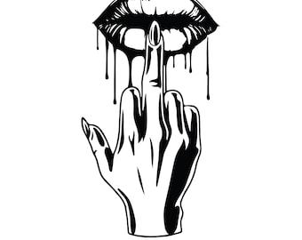 May include: Black and white illustration of a hand giving the middle finger with dripping lipstick on top.